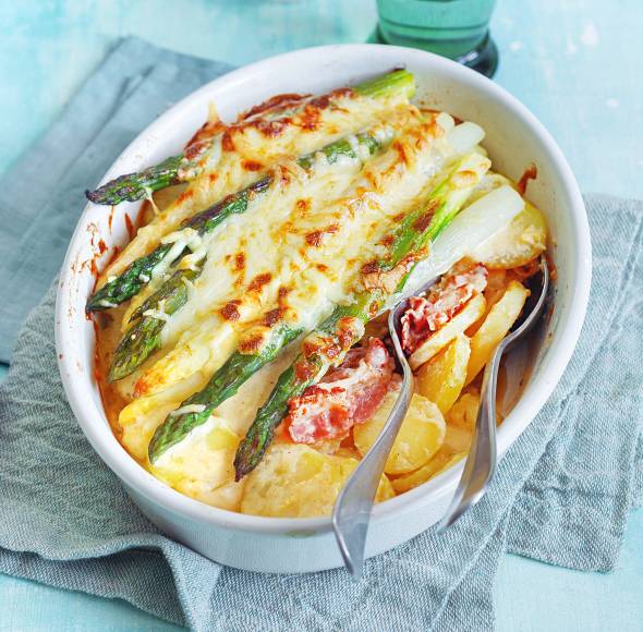 Spargel-Kartoffel-Gratin mit Schinken