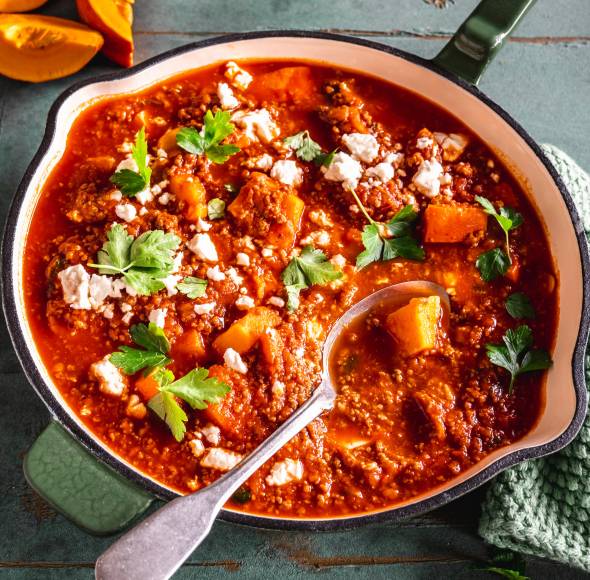 Kürbis-Hackfleisch-„Pfanne" mit Feta