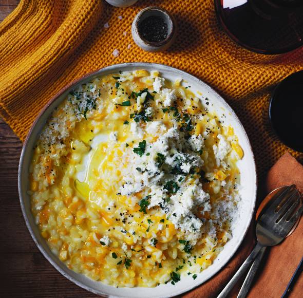 Kürbis-Mais-Risotto mit Ricotta