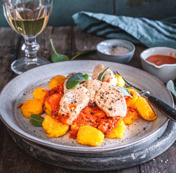 Polenta-Gnocchi mit Hähnchen und Soße