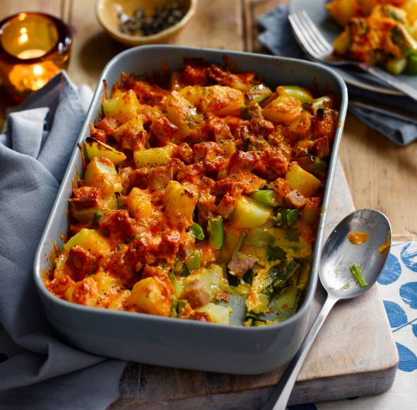 Käse-Lauch-Auflauf mit Schinken