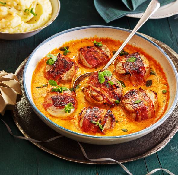 Schweinefilet mit Currysahne mit Kartoffelpüree