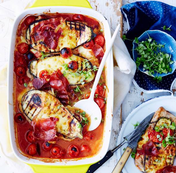 Auberginen-Tomaten-Auflauf mit Schweinesteak