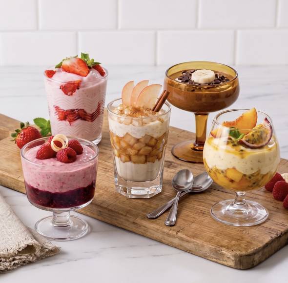 5 Gläser mit unterschiedlichen Fruchtquarksorten