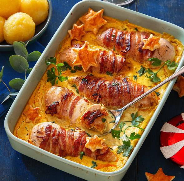 Bacon-Hähnchen mit Currysoße