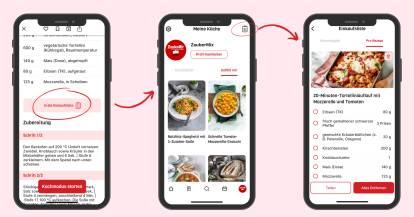 Auf drei Display eines Smartphones wird veranschaulicht, wie du in der ZauberMix-App deine Einkaufsliste erstellst.