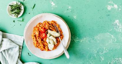 Ein weißer Teller mit Tomaten-Orzo und Hühnchen von oben fotografiert auf grünem Untergrund
