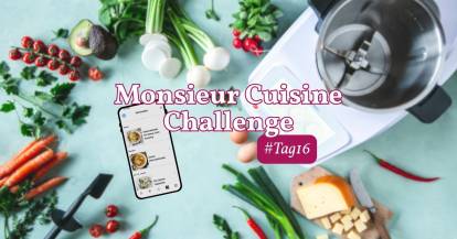 Monsieur Cuisine und Gemüse von oben fotografiert, daneben ein Smartphone mit Wochenplaner