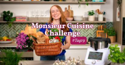 Junge Frau mit Einkaufskorb und Monsieur Cuisine, Challenge Tag 19