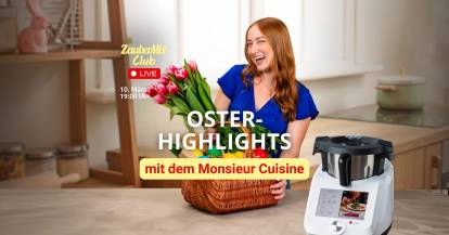 Junge Frau mit Blumen und einem Korb, neben dem Monsieur Cuisine, Schriftzug Oster Highlights
