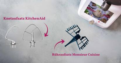 Knetaufsatz KitchenAid neben Rühraufsatz Monsieur Cuisine