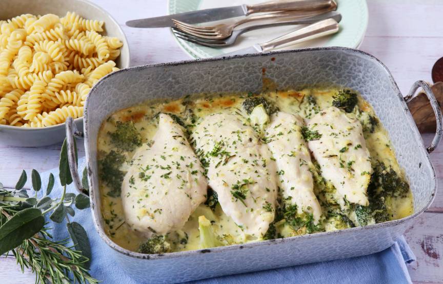 Hähnchen in Kräuter-Sahnesoße mit Nudeln