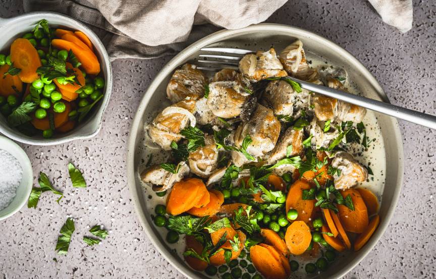 Putengeschnetzeltes mit Erbsen und Karotten