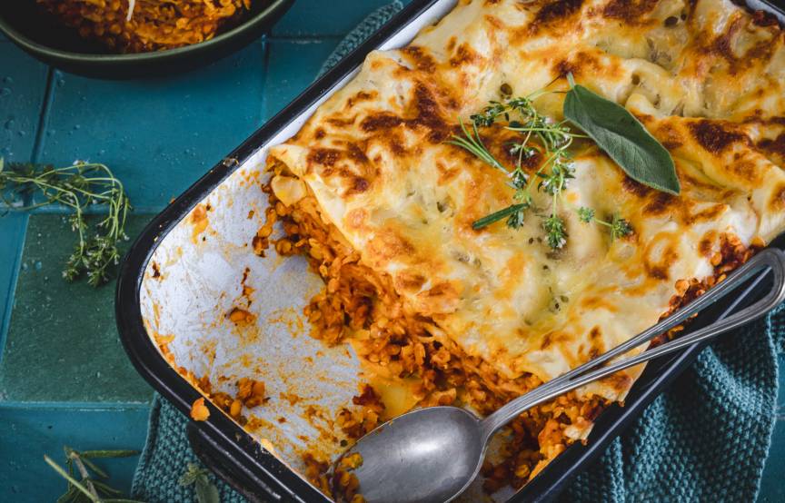 Vegane Lasagne mit roten Linsen