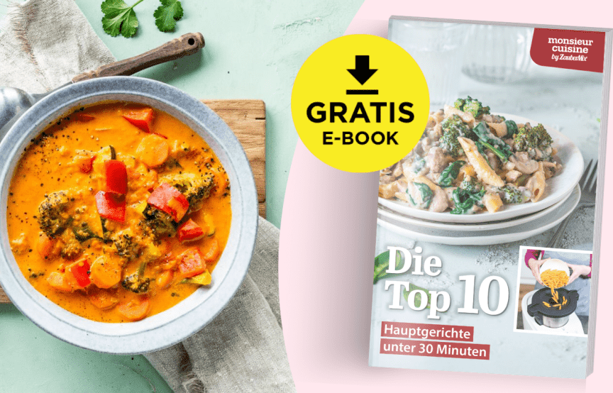 Top 10 beliebtesten Hauptgerichte für Monsieur Cuisine jetzt kostenlos als E-Book herunterladen.