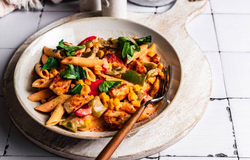 20-Minuten-Hähnchen-Mais-Nudelpfanne