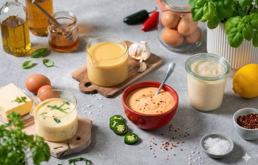 Mehrere soßen in Schalen und Gläsern, daneben Eier, Chilischoten, Zitrone und Gewürze