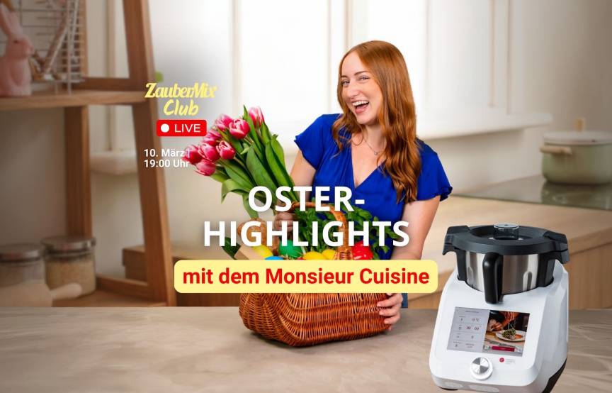 Junge Frau mit Blumen und einem Korb, neben dem Monsieur Cuisine, Schriftzug Oster Highlights