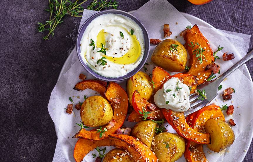 Kürbis-Kartoffel-Wedges mit Whipped Feta