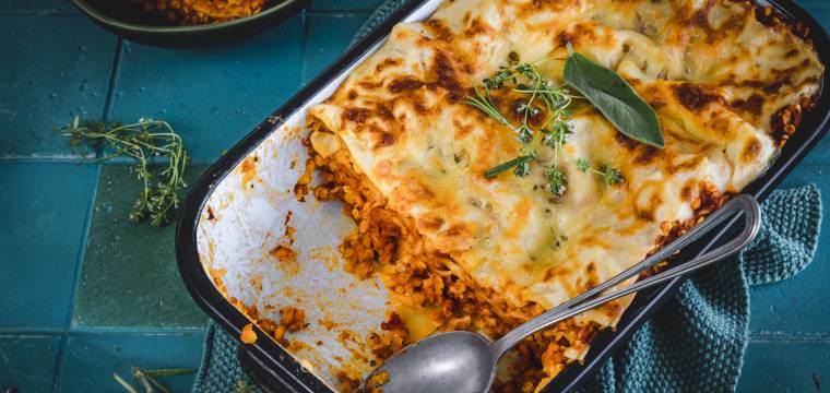Vegane Lasagne mit roten Linsen