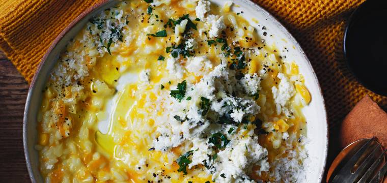 Kürbis-Mais-Risotto mit Ricotta