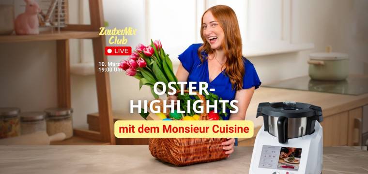 Junge Frau mit Blumen und einem Korb, neben dem Monsieur Cuisine, Schriftzug Oster Highlights Junge Frau mit Blumen und einem Korb, neben dem Monsieur Cuisine, Schriftzug Oster Highlights