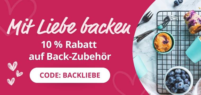 Schrift: Mit Liebe Backen 10 % Rabatt auf Back-Zubehör, daneben ein Bild von Muffins auf einem Gitter