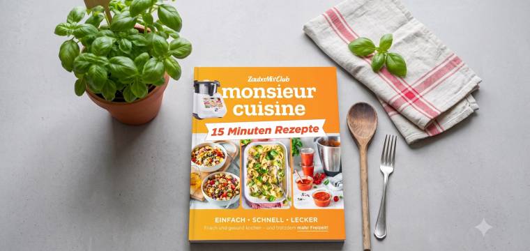 15-Minuten-Rezepte Buch auf einer Arbeitsplatte 15-Minuten-Rezepte Buch auf einer Arbeitsplatte
