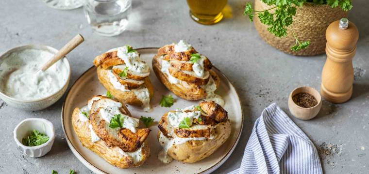 Gefüllte Ofenkartoffeln mit Quark und Hähnchen Gefüllte Ofenkartoffeln mit Quark und Hähnchen
