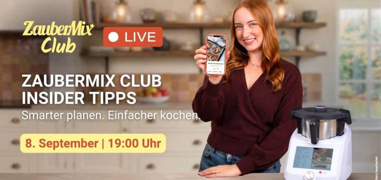 Frau mit Smartphone neben Monsieur Cuisine, ZauberMix Club live Frau mit Smartphone neben Monsieur Cuisine, ZauberMix Club live