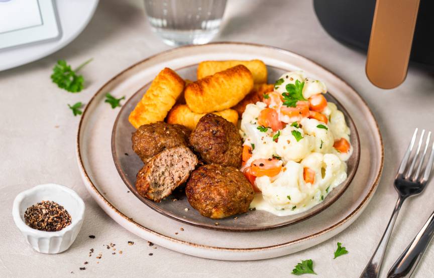 Frikadellen mit Rahm-Gemüse und Kroketten | ZauberMix