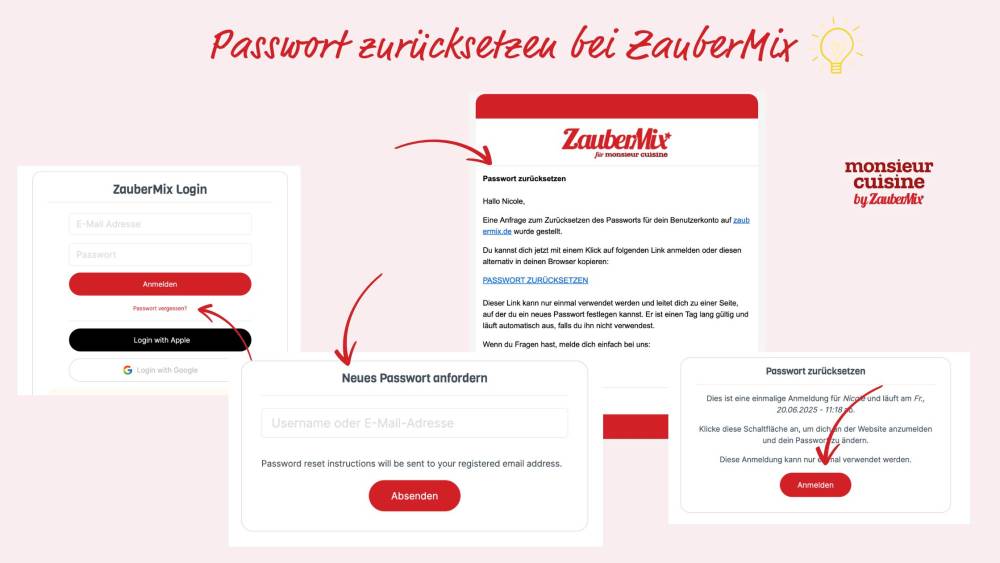 Passwort zurücksetzen, Screenshots vom Prozess