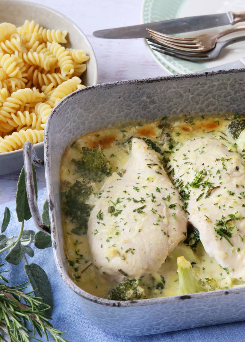 Hähnchen in Kräuter-Sahnesoße mit Nudeln