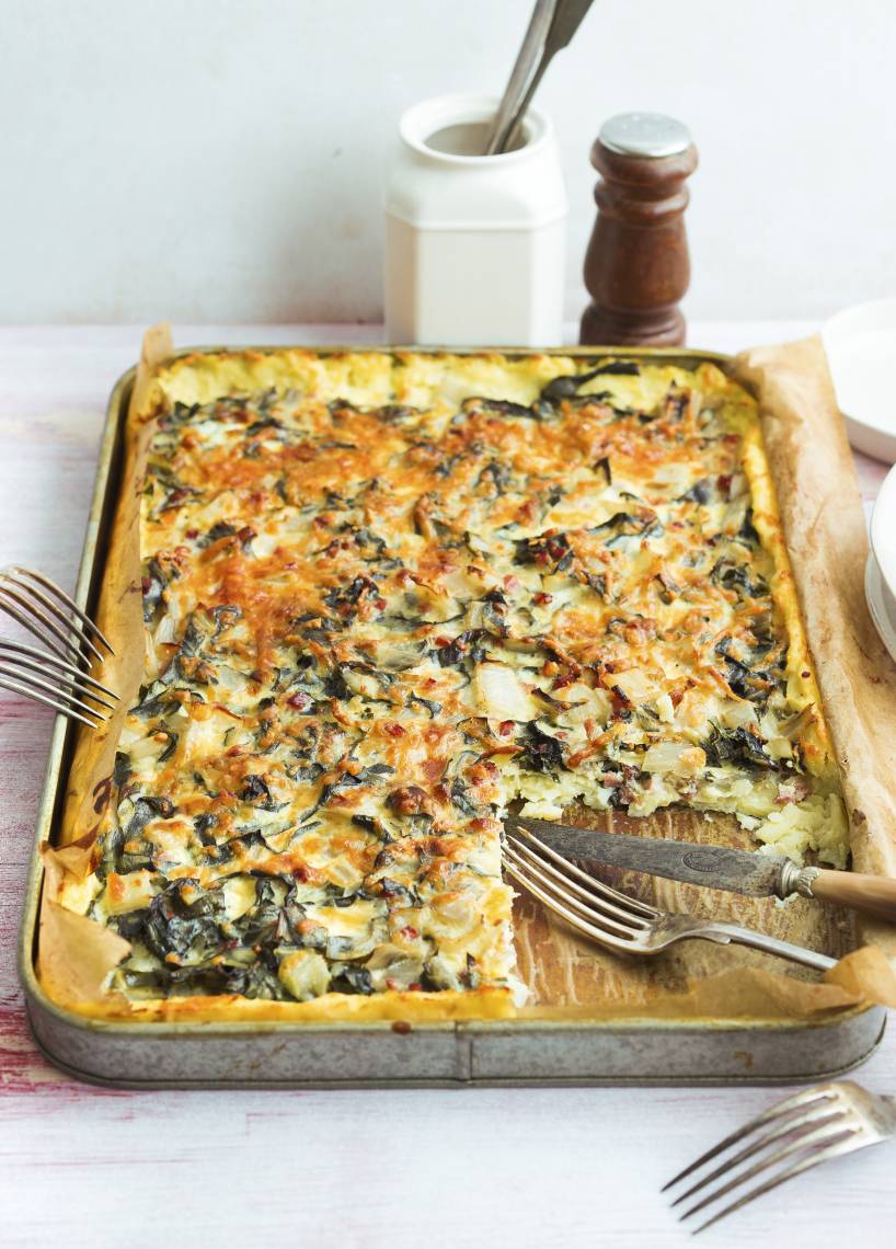 Kartoffelkuchen mit Mangold und Speck