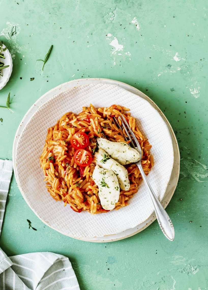 Tomaten-Kritharaki-"Risotto" mit Hähnchen