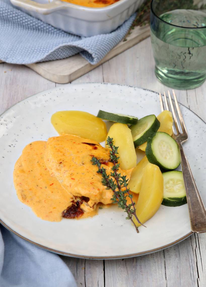 Paprika-Rahm-Schnitzel mit Gemüse