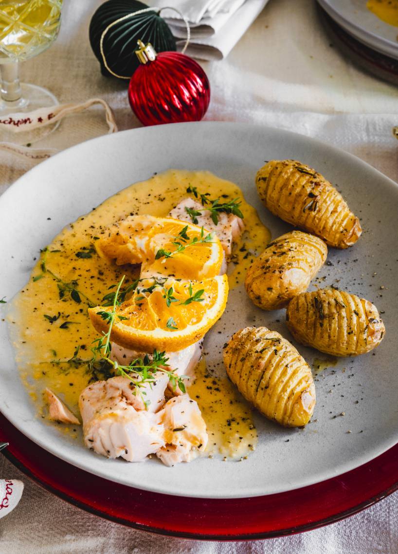 Orangen-Lachs aus dem Dampfgarer mit Fächerkartoffeln