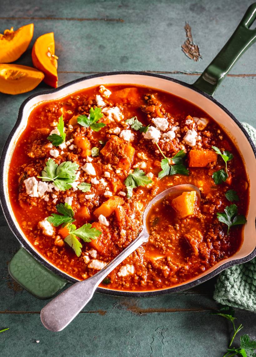 Kürbis-Hackfleisch-„Pfanne" mit Feta