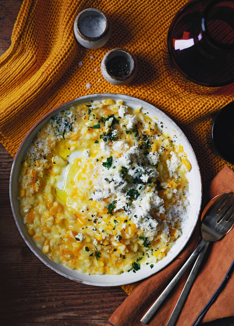 Kürbis-Mais-Risotto mit Ricotta