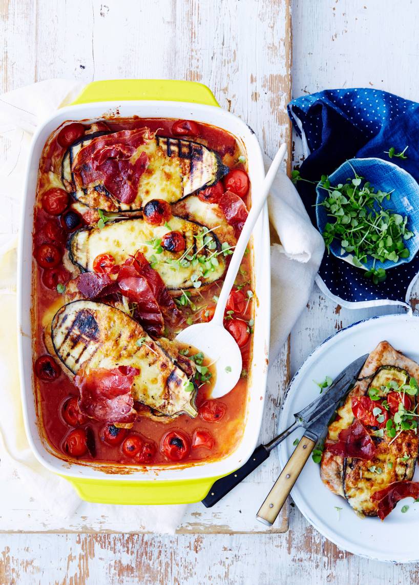 Auberginen-Tomaten-Auflauf mit Schweinesteak