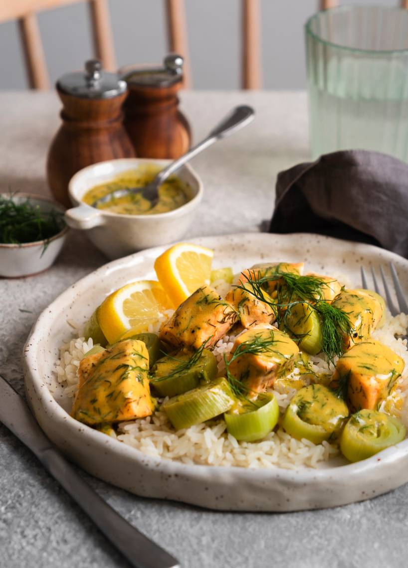 Honig-Senf-Lachs mit Reis