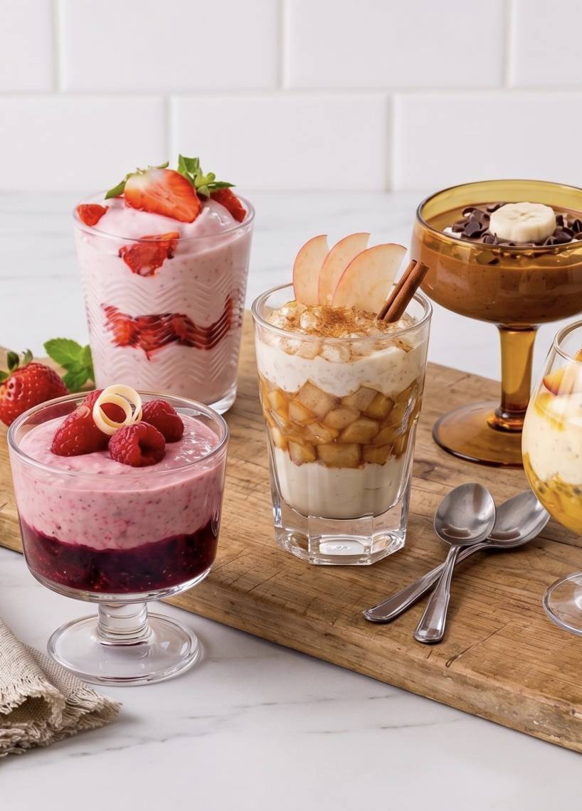 5 Gläser mit unterschiedlichen Fruchtquarksorten