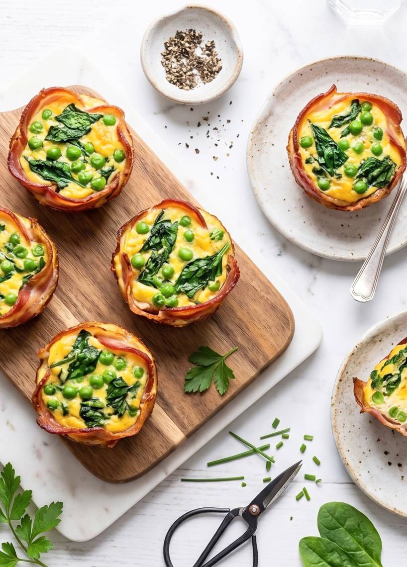 Bacon-Muffins mit Spinat, Erbsen und Ei