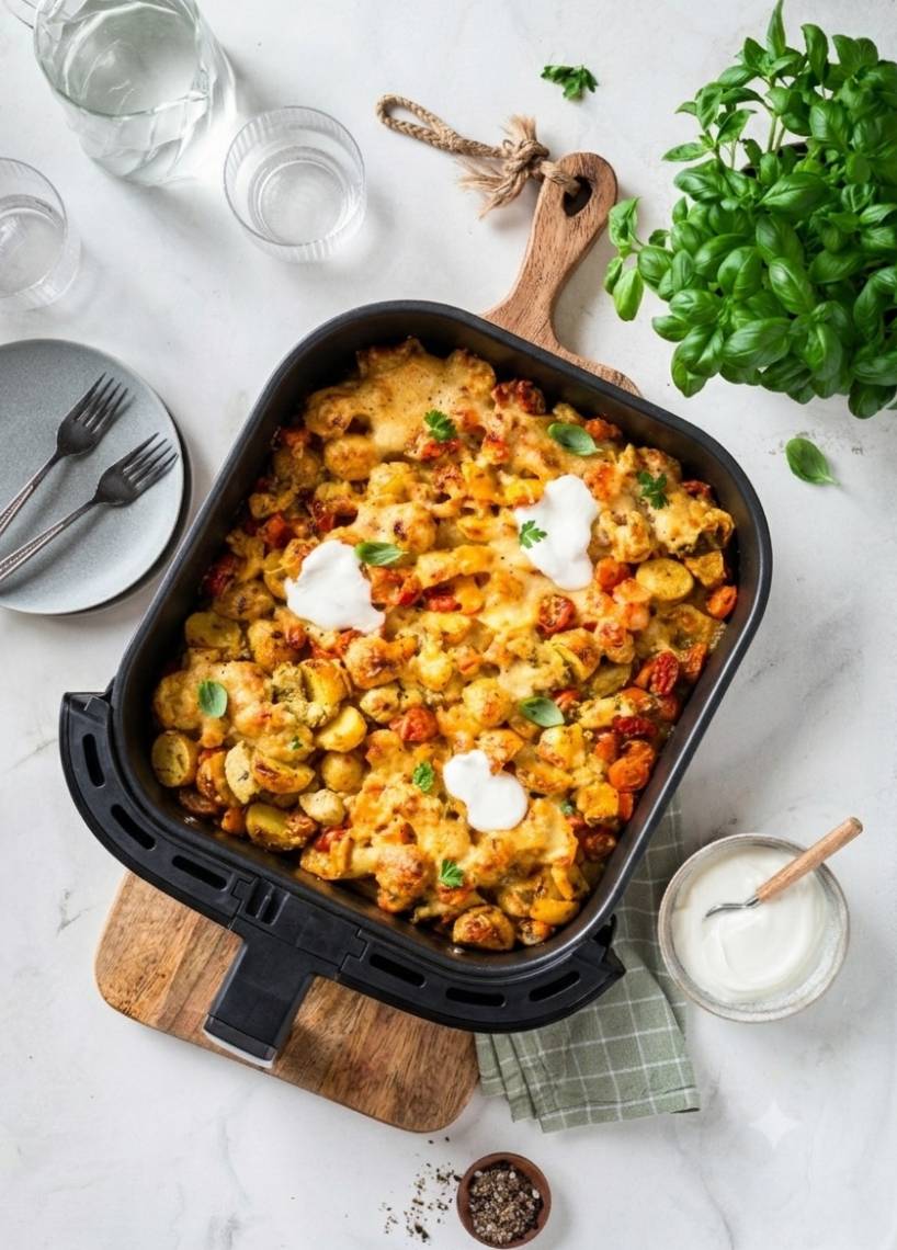 Airfryer Garkorb mit Kartoffeln und Käse überbacken