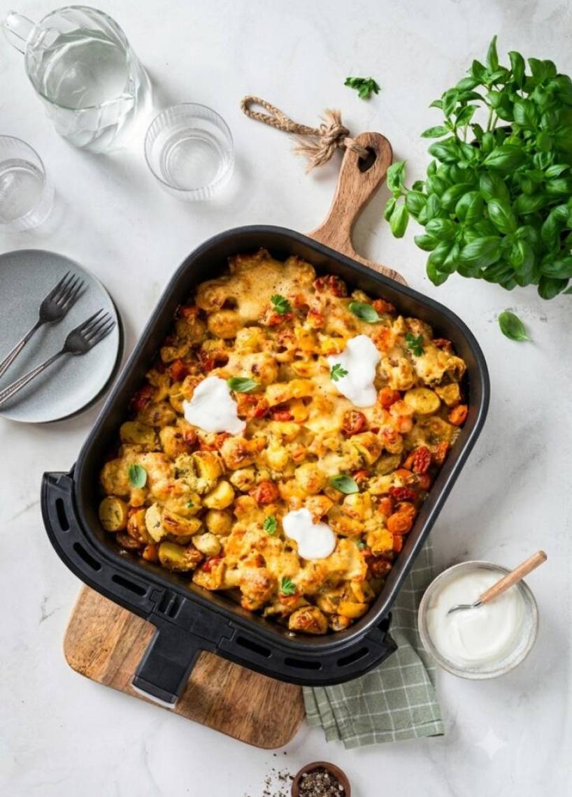 Airfryer-Feierabendblech mit Ofenkartoffeln auf Holzbrett von oben fotografiert