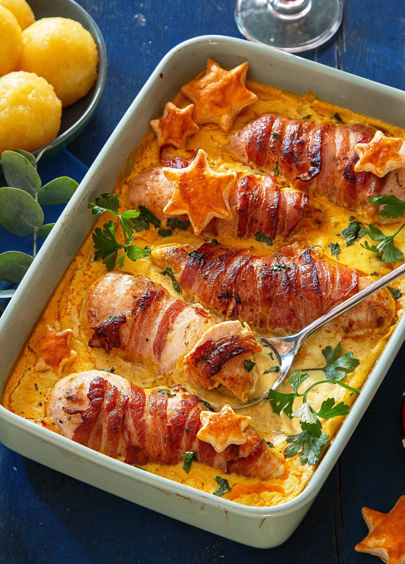 Bacon-Hähnchen mit Currysoße