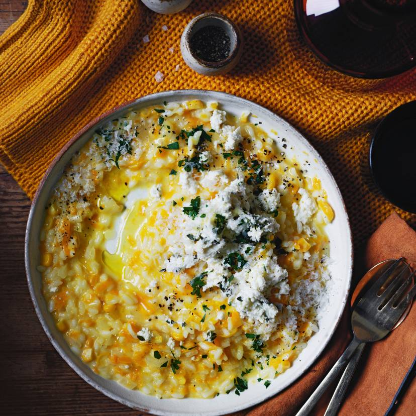 Kürbis-Mais-Risotto mit Ricotta
