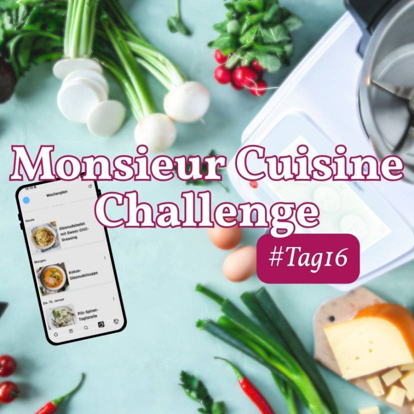 Monsieur Cuisine und Gemüse von oben fotografiert, daneben ein Smartphone mit Wochenplaner