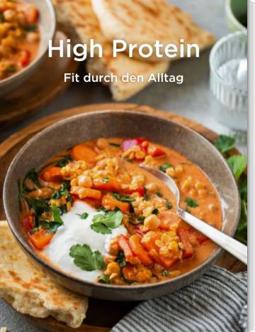 Linseneintopf, darüber Überschrift High Protein