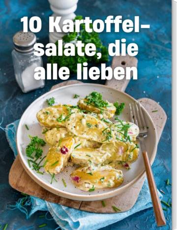 Kartoffelsalat auf einem hellen Teller. Schrift: 10 Kartoffelsalate, die alle lieben